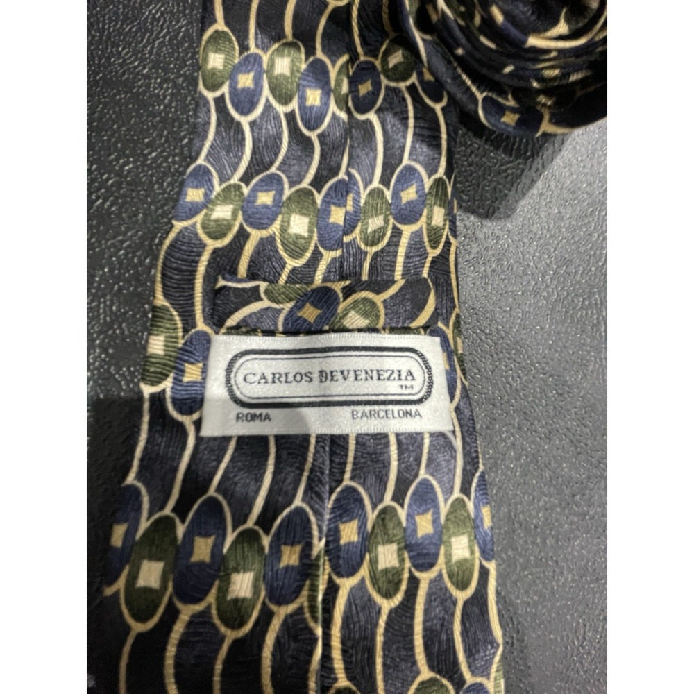 Carlos Devenezia Men's Woven Silk Tie Geometric Navy Green Beige